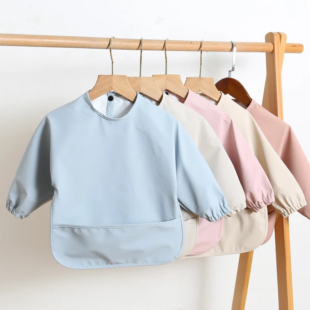 Baby Food Apron - مرايل تغذية الأطفال بلون سادة بأكمام